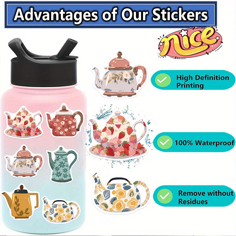 Teapot & Flowers Stickers - 50pcs for Guitar Skateboard Water Bottle Helmet