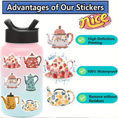 Teapot & Flowers Stickers - 50pcs for Guitar Skateboard Water Bottle Helmet