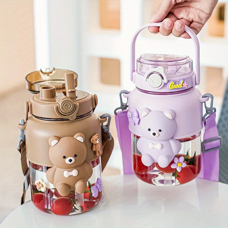 1100ml Cartoon Water Cup Large Capacity Plastic Bottle With Handle And Straw