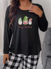 Floral Gnomes & Slogan Print Plus Size Christmas Sleepwear Top