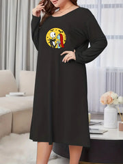 Gothic Nightdress Bat & Skull Print Long Sleeve Tee Sleep Dress