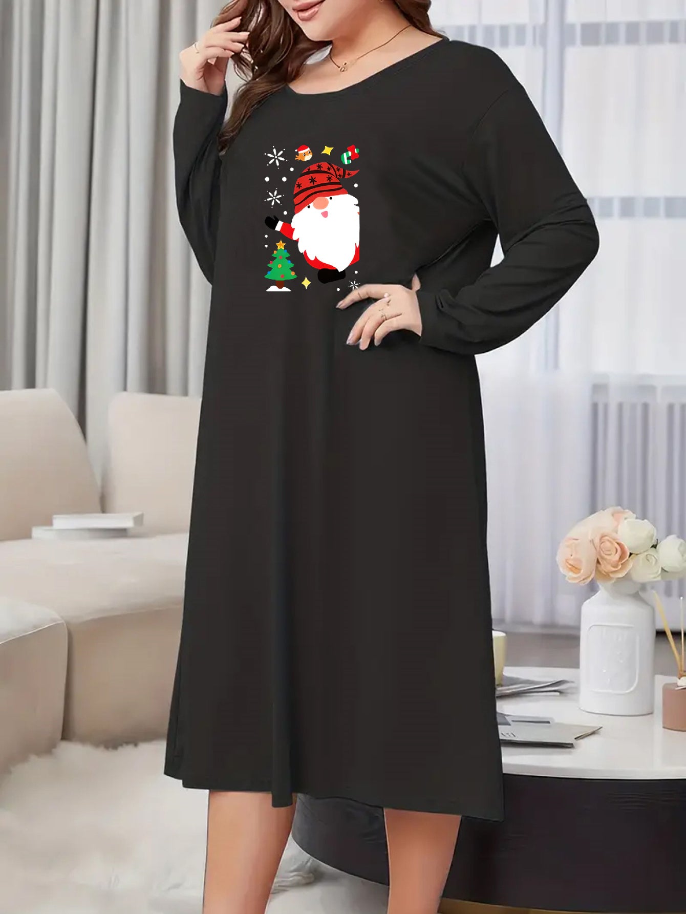 Christmas Nightdress Women's Plus Santa Claus Print Long Sleeve