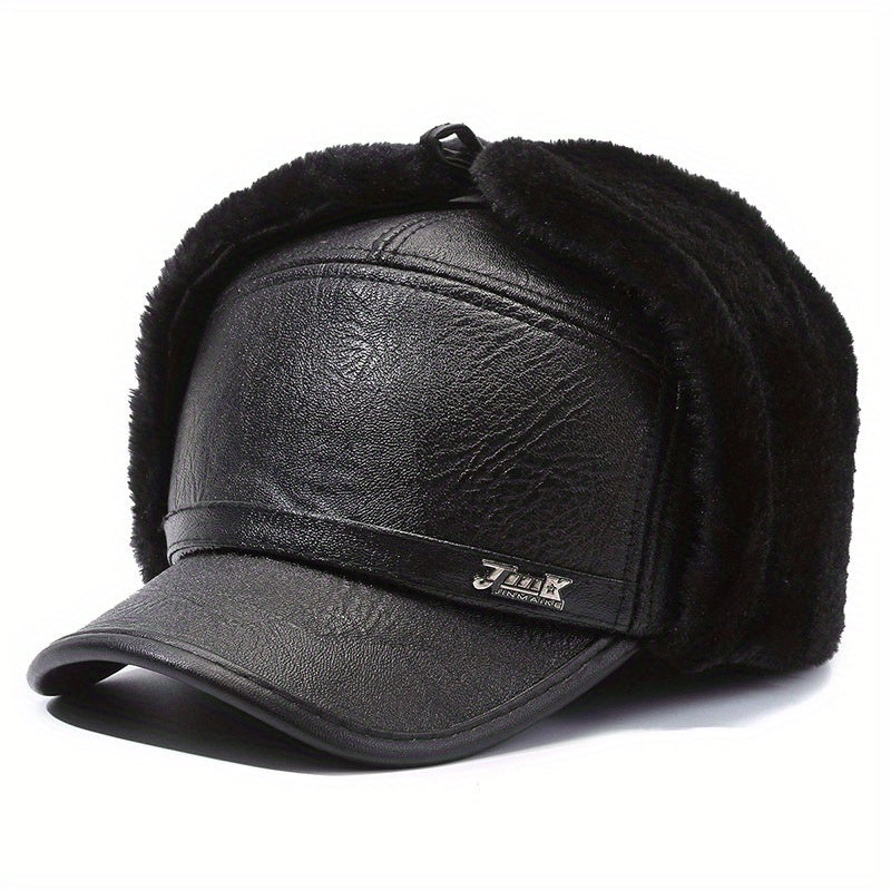 Men's Winter Ear Protection Baseball Hat Warm Cotton PU Leather Hat