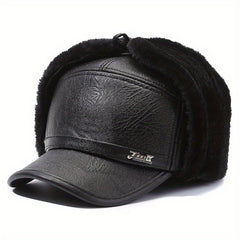 Men's Winter Ear Protection Baseball Hat Warm Cotton PU Leather Hat