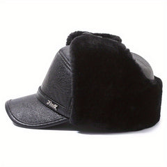 Men's Winter Ear Protection Baseball Hat Warm Cotton PU Leather Hat