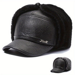 Men's Winter Ear Protection Baseball Hat Warm Cotton PU Leather Hat