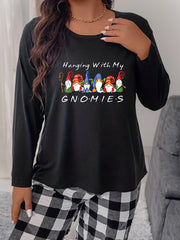 Women's Plus Gnomes & Slogan Print Long Sleeve Round Neck Sleepwear Tee