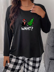 Women's Plus Christmas Tree & Funny Cat Print Long Sleeve Round Neck