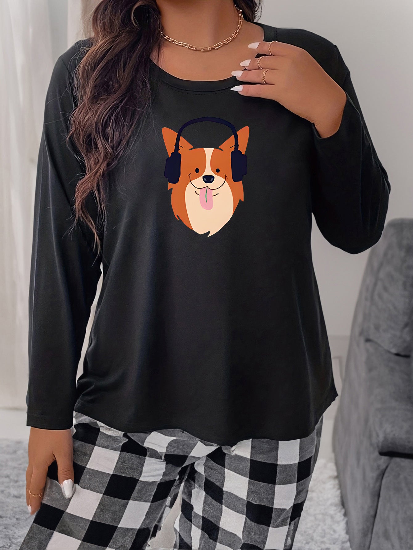 Puppy Print Long Sleeve Round Neck Home Wear Tee