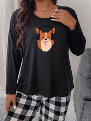 Puppy Print Long Sleeve Round Neck Home Wear Tee
