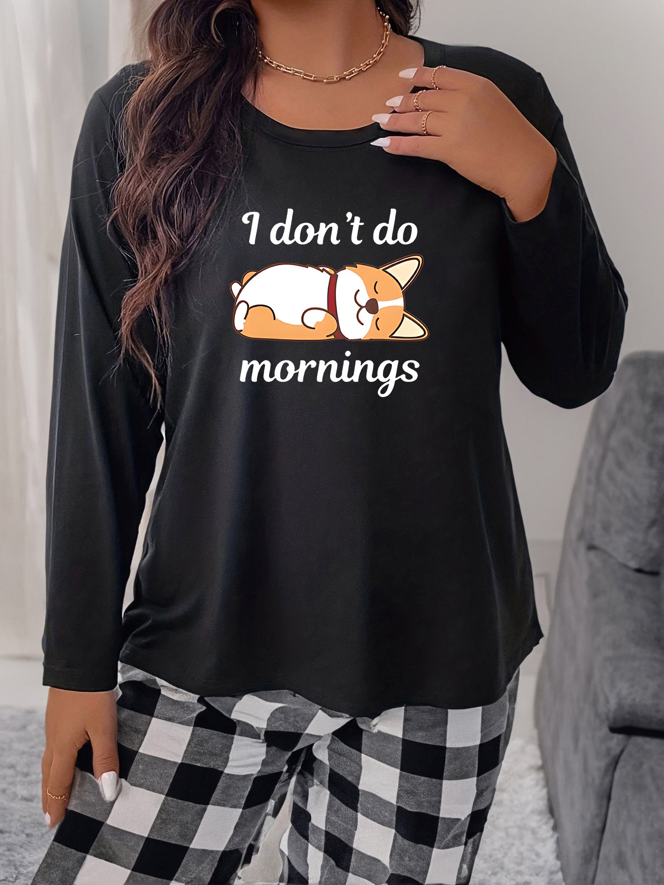 Women's Plus Puppy Print Long Sleeve Round Neck Comfort Tee