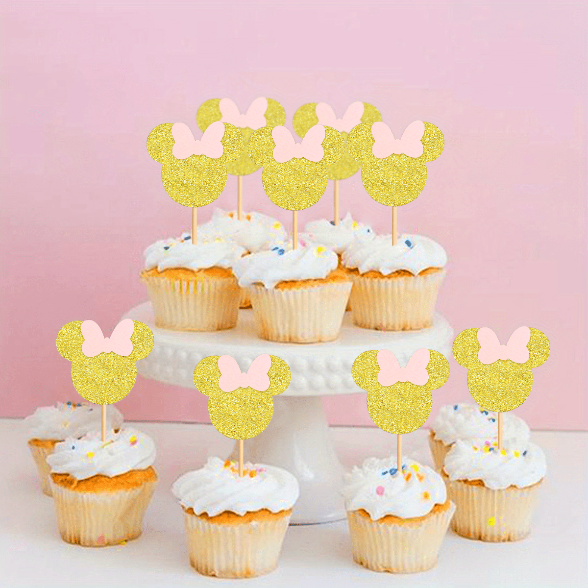 Mouse Cupcake Toppers with Pink Glitter for Wedding Birthday Party