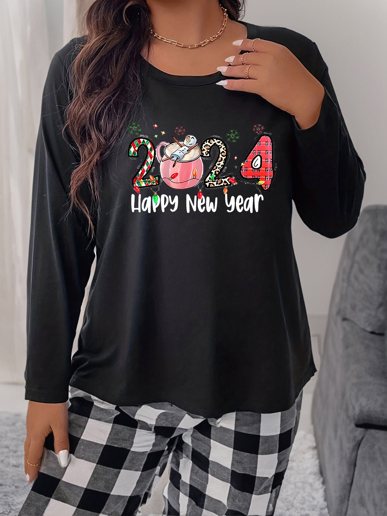 Snowman Print Long Sleeve Home Wear Tee