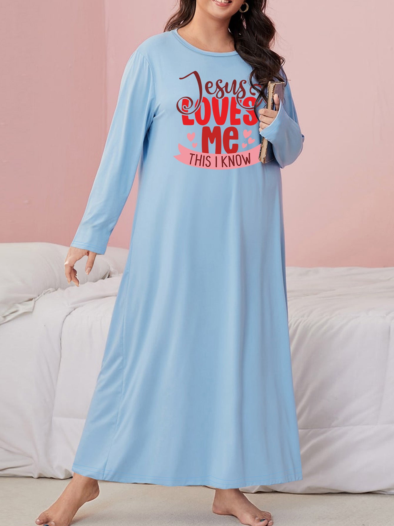 Letter Graphic Sleep Dress Long Sleeve Loose Fit Nightdress