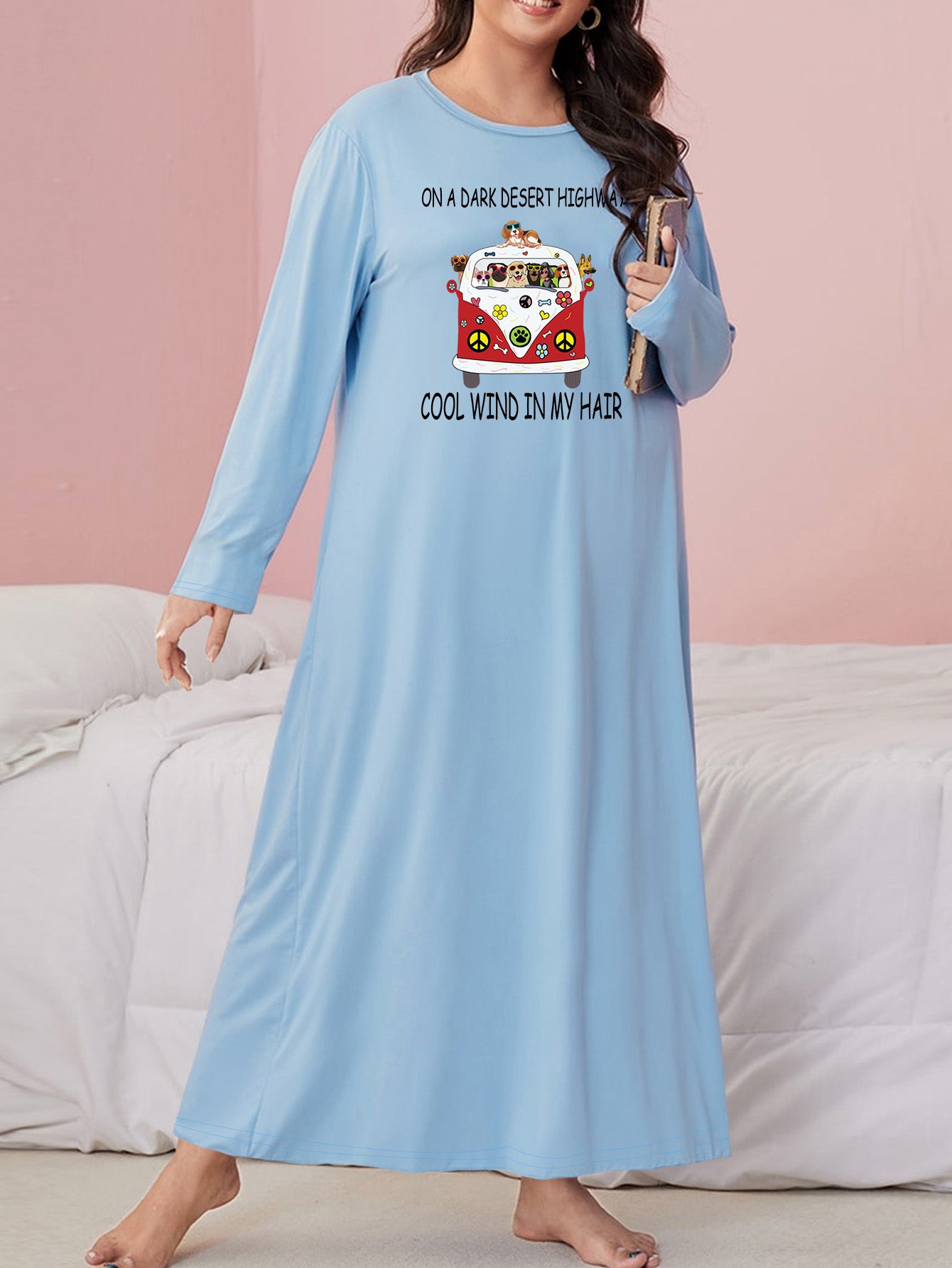 Women's Puppy & Car Print Long Sleeve Nightdress