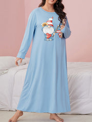 Sunflower Gnome Print Nightdress Long Sleeve Round Neck Sleep Dress