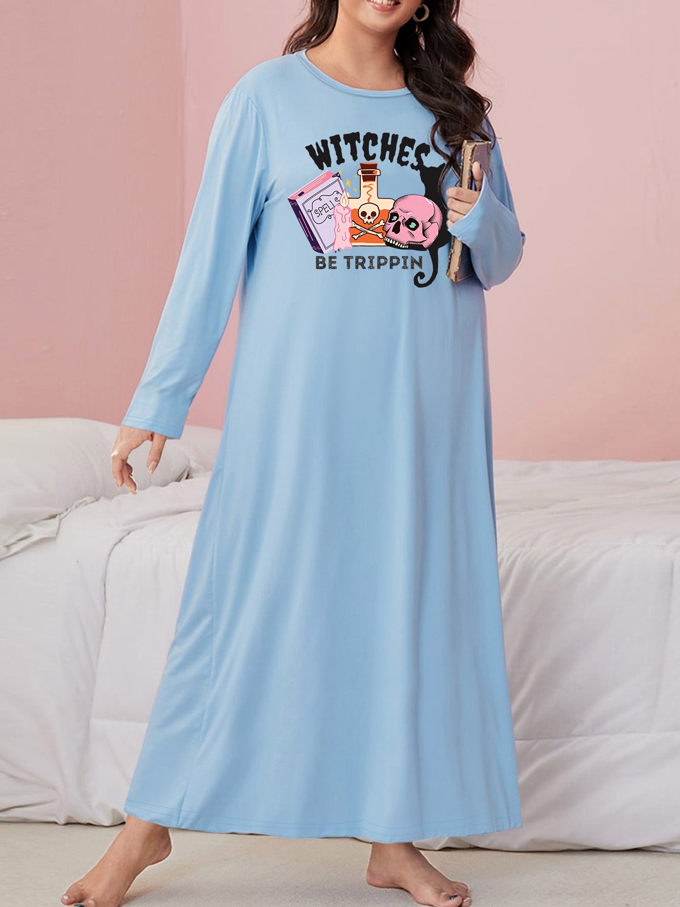 Gothic Nightdress Women's Skull & Cat Print Sleeves