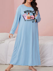 Gothic Nightdress Women's Skull & Cat Print Sleeves