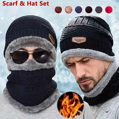 Men's Winter Knitted Hat Thick Fleece Scarf Beanie