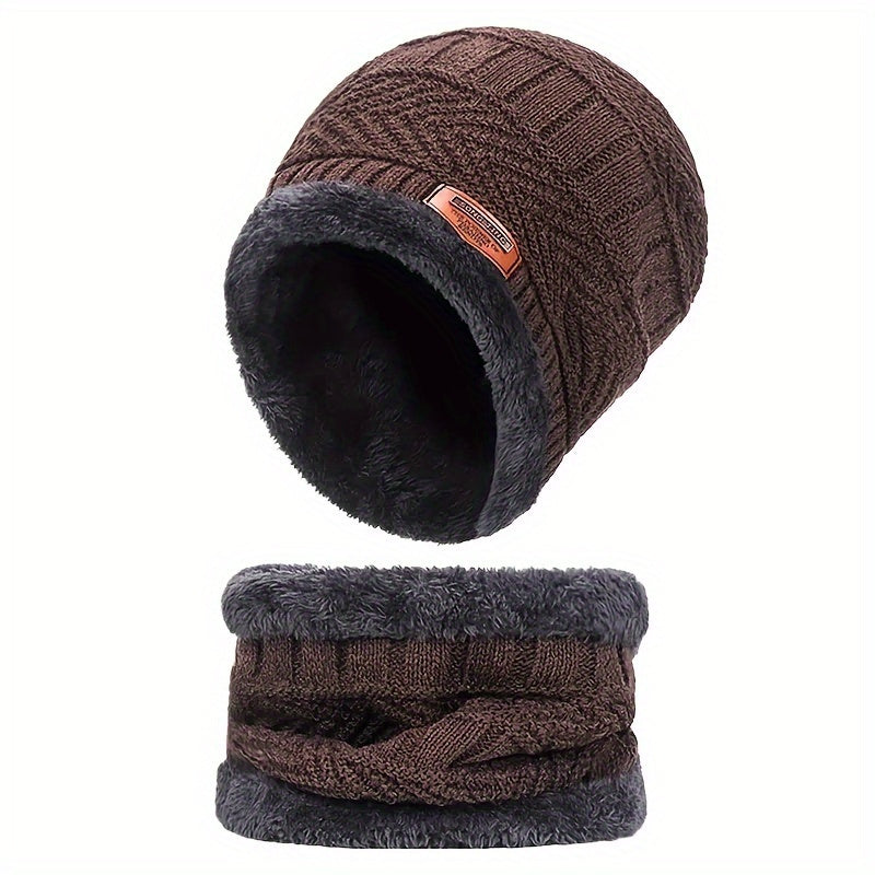 Men's Winter Knitted Hat Thick Fleece Scarf Beanie