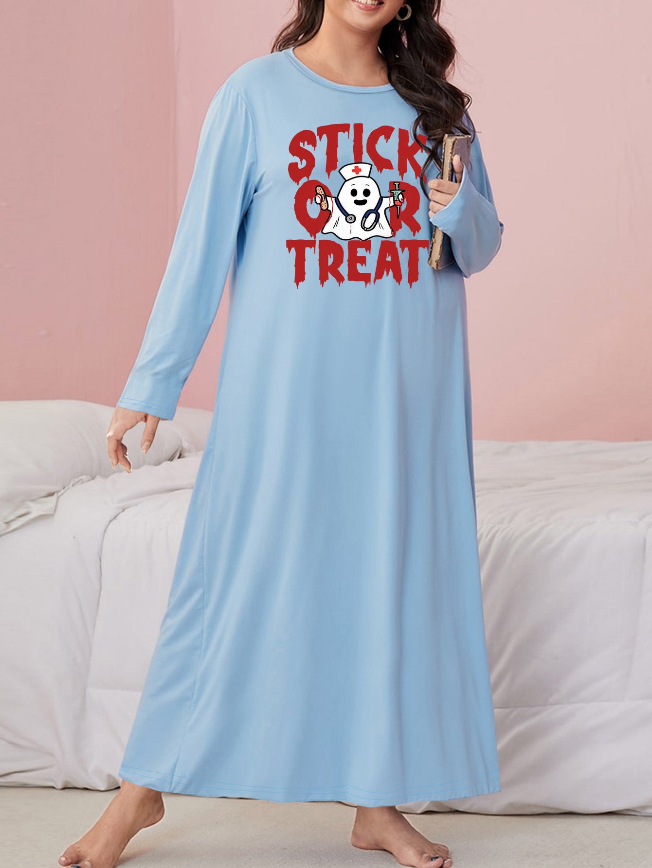 Gothic Nightdress Halloween Cosplay Ghost Print Long Sleeve