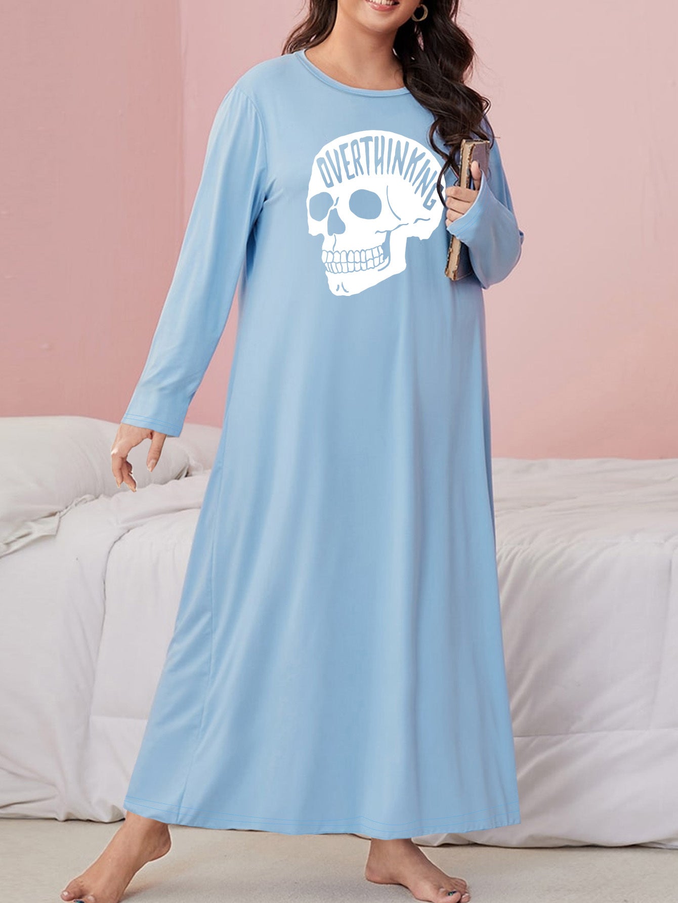 Gothic Nightdress Skull Print Long Sleeve Stretch Sleep Dress