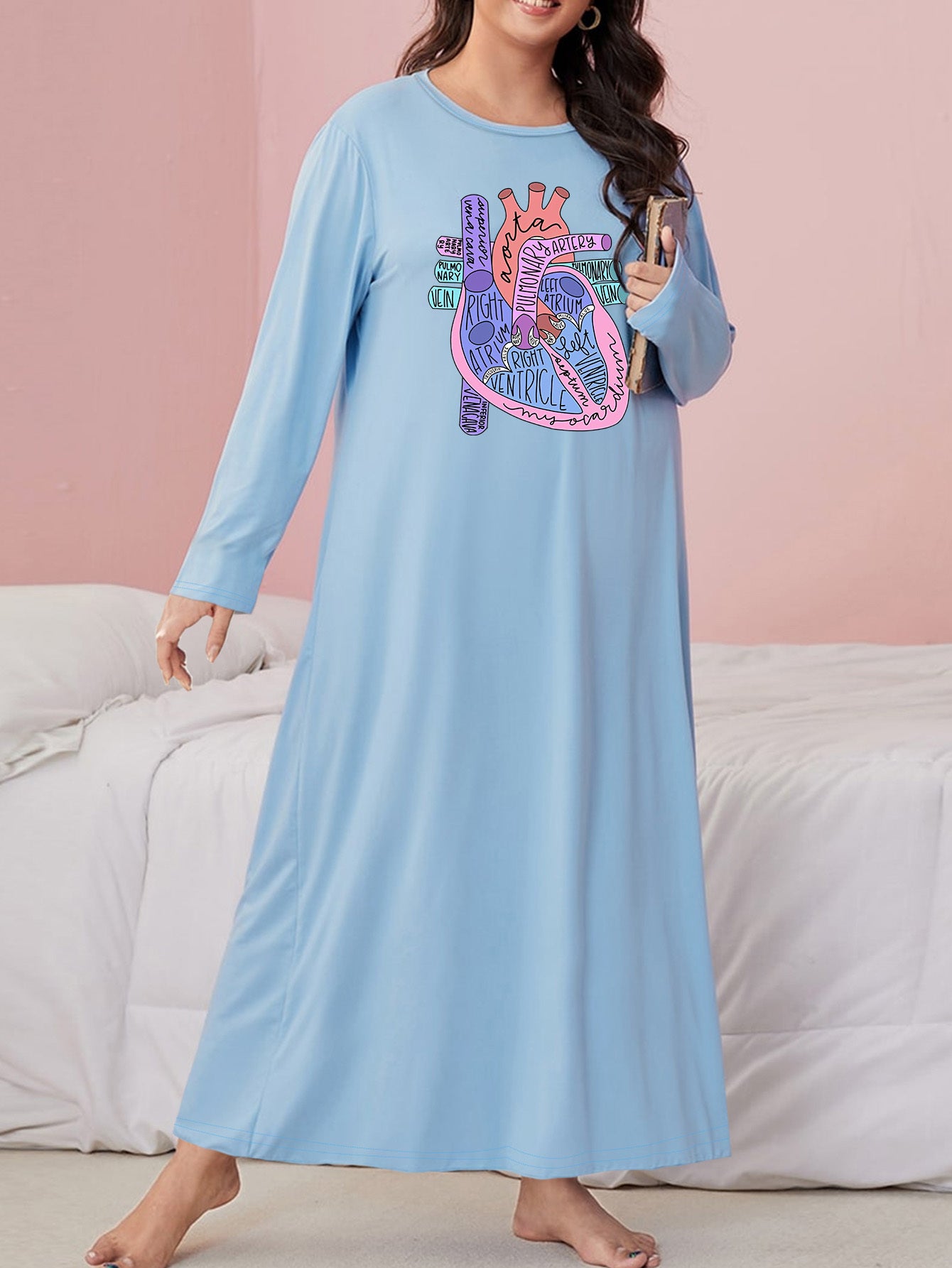 Casual Nightdress Women's Plus Stomach & Letter Print Long Sleeve