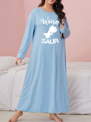 Dinosaur & Letter Print Long Sleeve Round Neck Sleep Dress