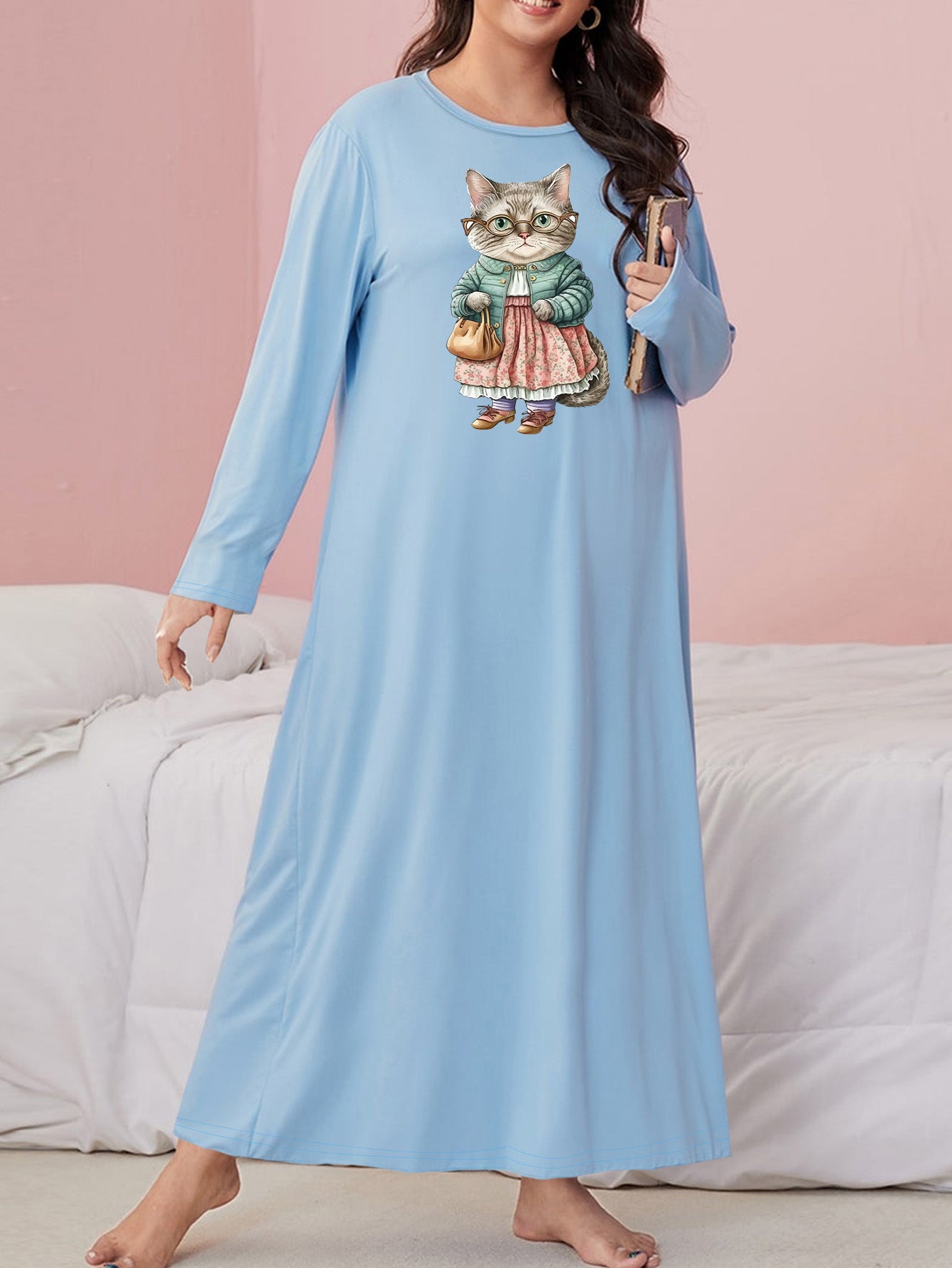 Cat Print Nightdress Long Sleeve Round Neck Loose Fit Sleep Dress