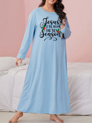 Nightdress Women's Plus Slogan Print Long Sleeve