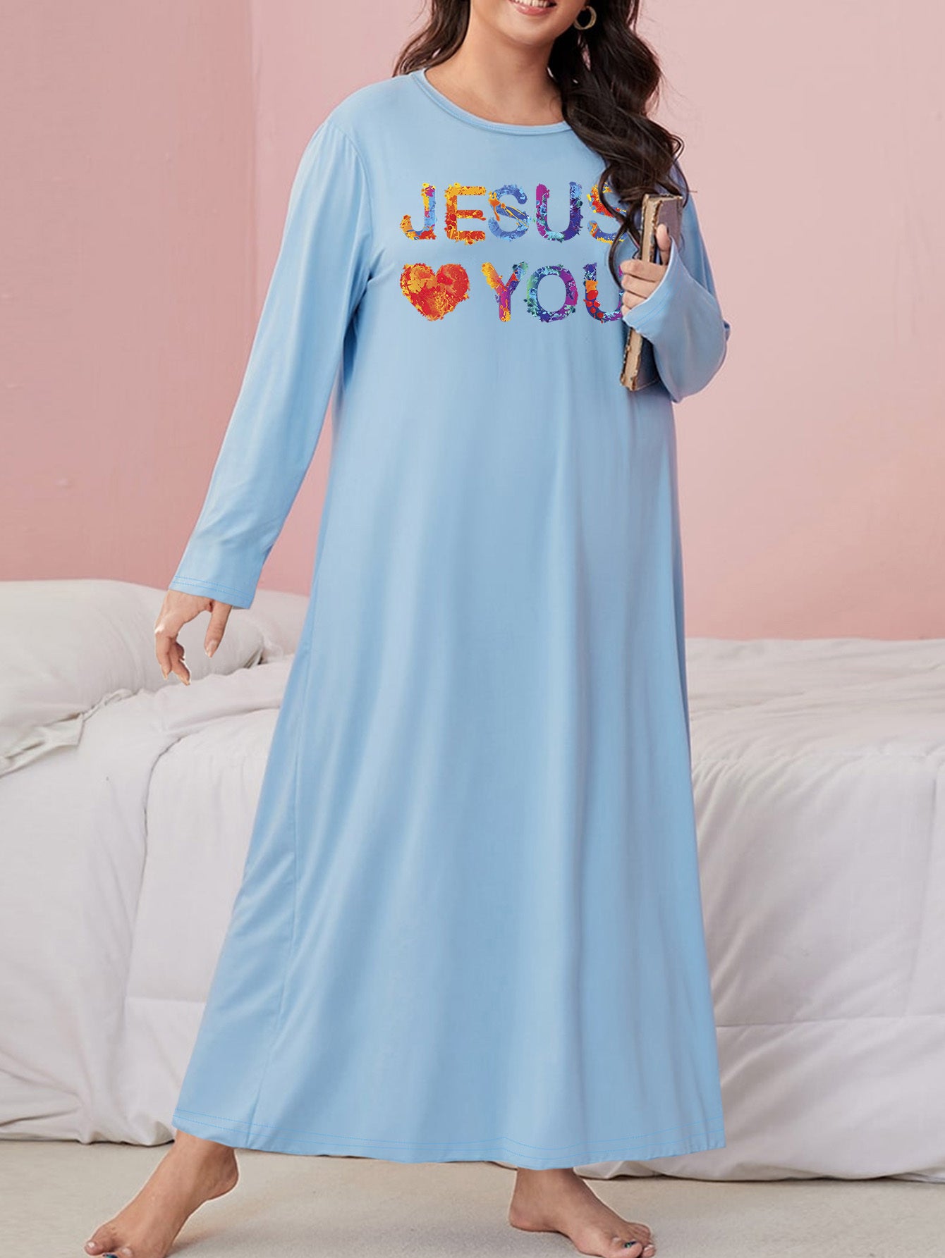 Ombre Slogan Print Long Sleeve Nightdress