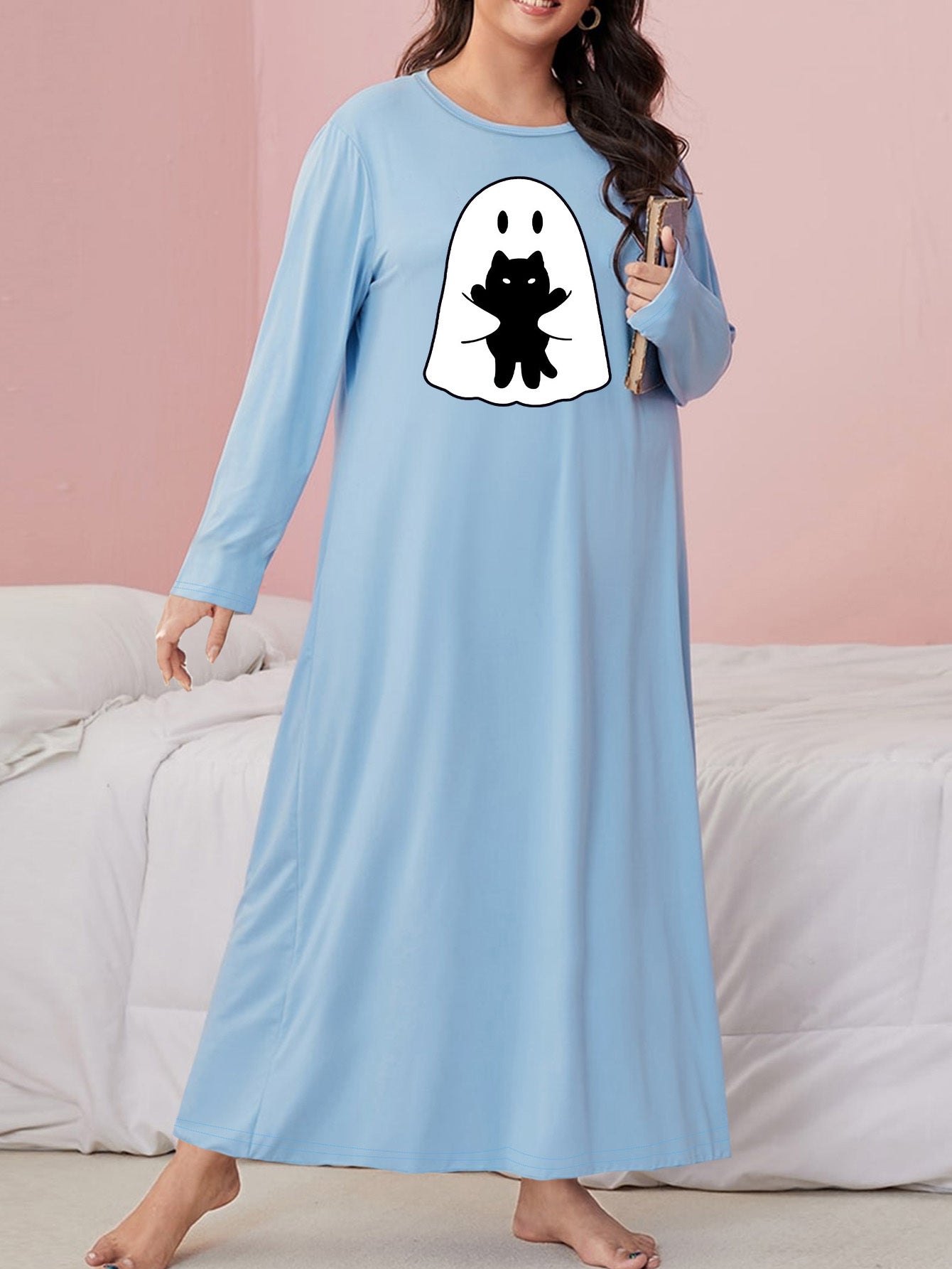 Plus Size Ghost & Cat Print Halloween Nightdress Long Sleeve