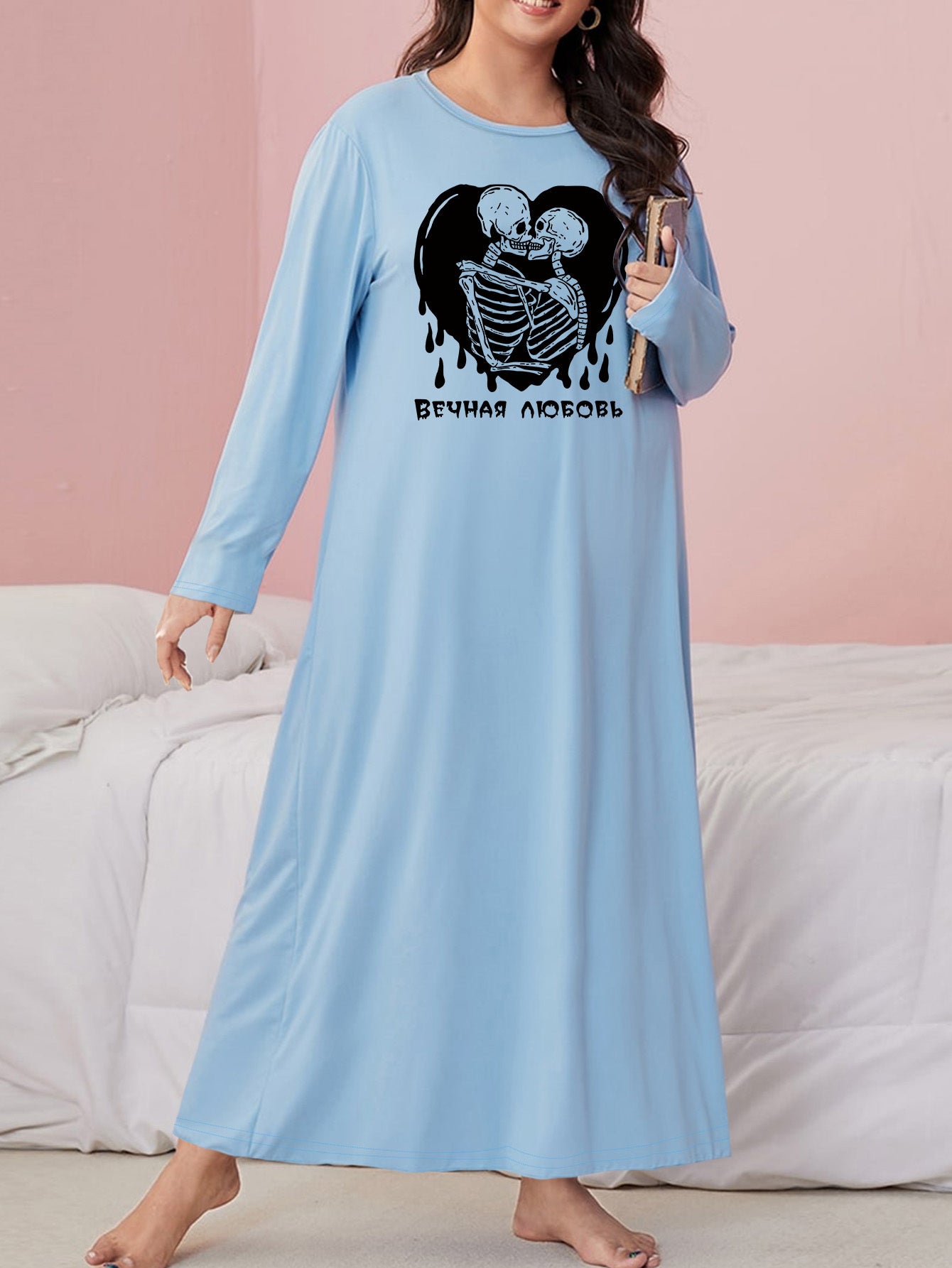 Gothic Nightdress Skull & Heart Print Round Neck Loose Fit Sleep Dress