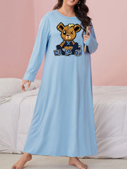 Nightdress Teddy Bear & Dice Print Long Sleeve Round Neck
