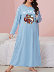 Plus Dogs & Truck Print Nightdress Round Neck Medium Loose Fit Sleep Dress
