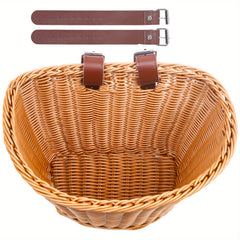 Woven Bike Basket D Shaped Front Basket With 2 Leather Straps