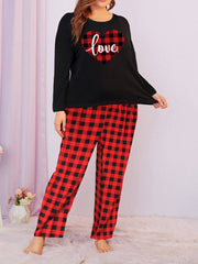 Heart & Letter Print Pajamas Set Long Sleeve Crew Neck Tee & Plaid Pan