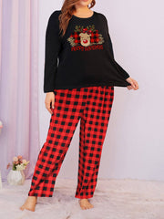 Plus Size Xmas Pajamas Set Women's Crew Neck Tee & Plaid Pants Lounge 2 Piece