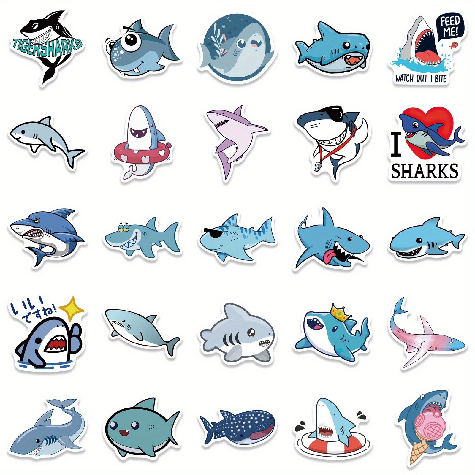 50pcs Cartoon Shark Stickers for Stationery, Books, Laptops, Water Cups, Phones