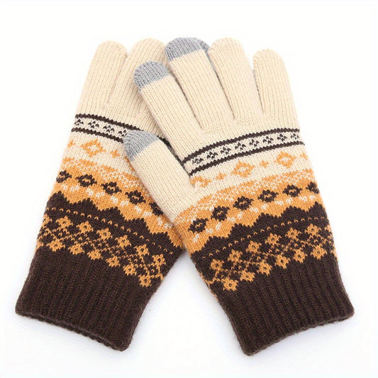 1Pair Winter Vintage Split Finger Gloves Jacquard Touch Screen Gloves