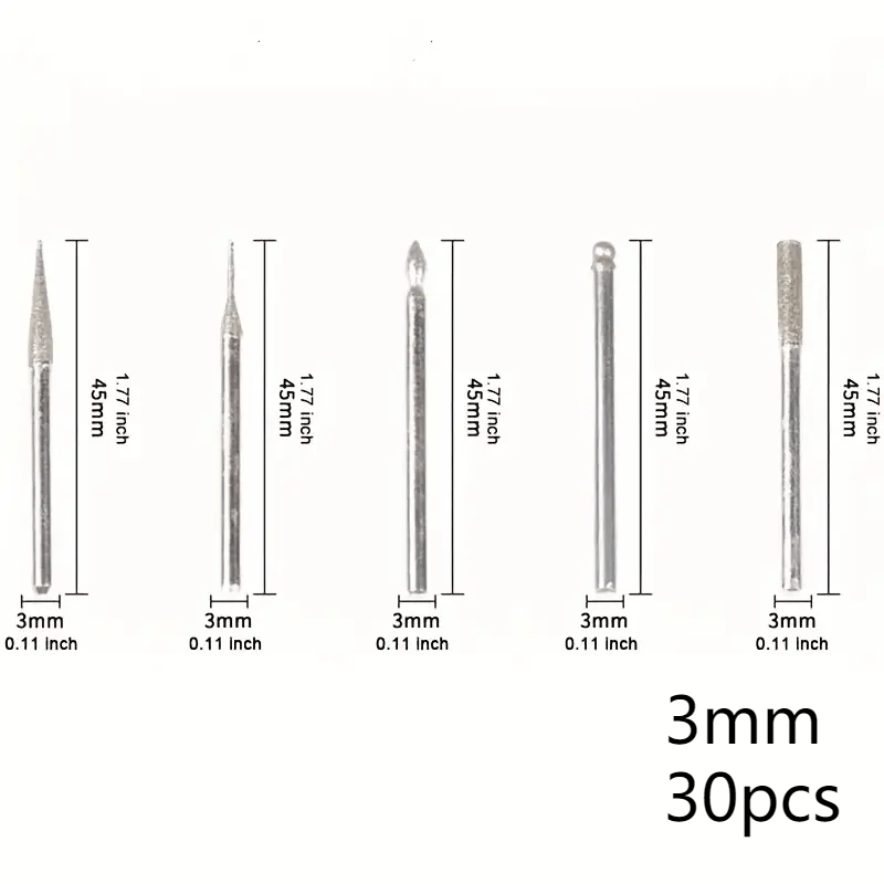 30pcs Diamond Grinding Burr Needle Point for Glass Jade Stone 2.35 3mm Drill Bit