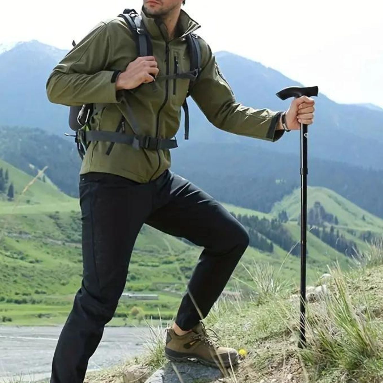 Foldable Lightweight Aluminum Hiking Stick Telescopic Straight Handle