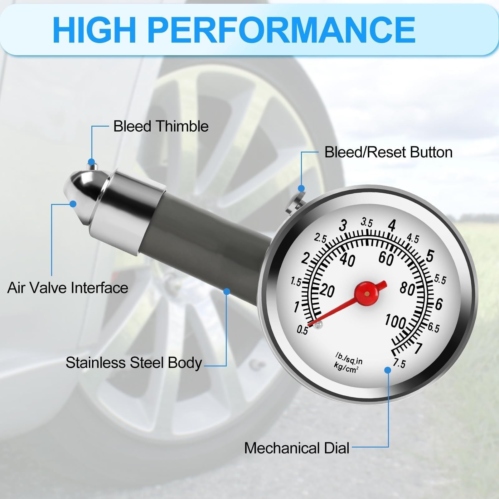 Heavy Duty Tire Pressure Gauge 0-100 PSI Mechanical Gauge