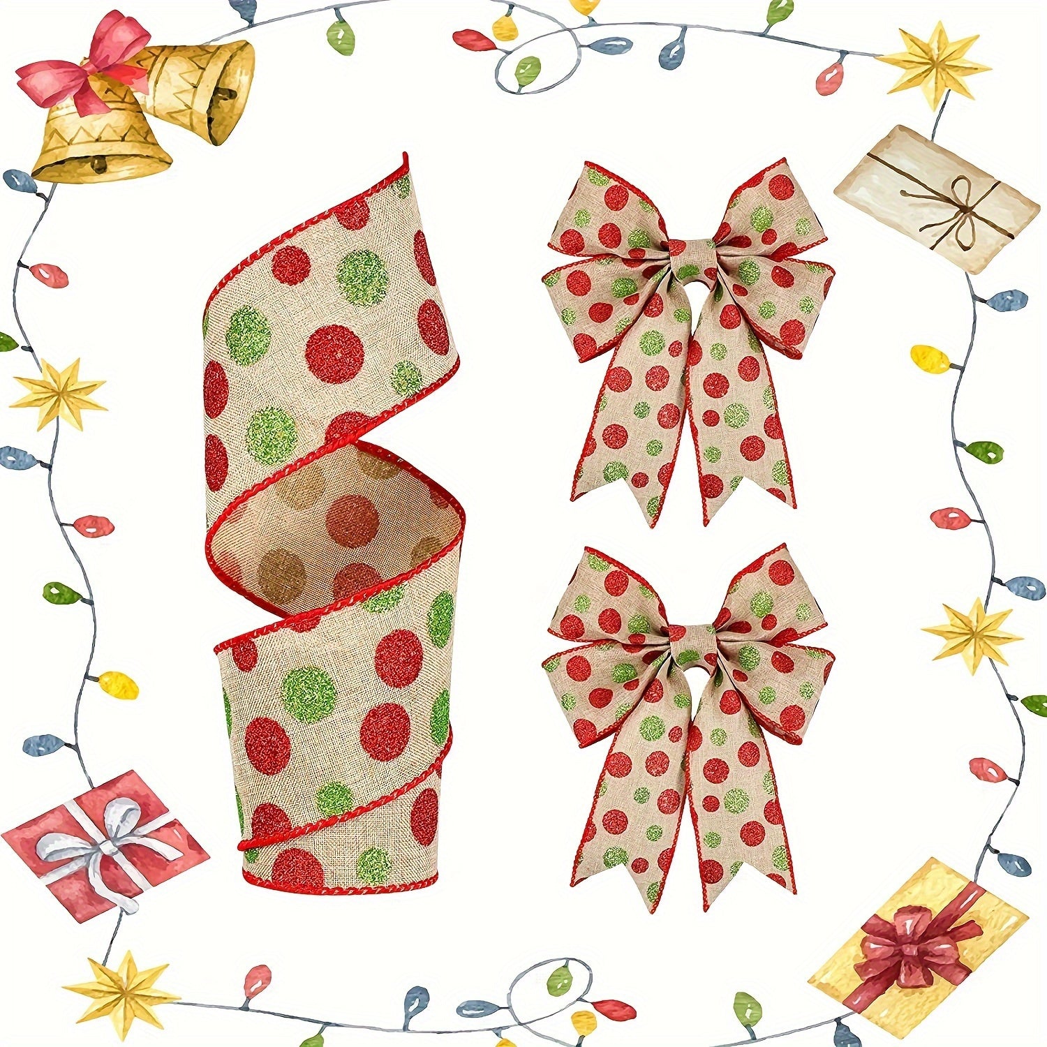 Christmas Dot Ribbons Glitter Wired Ribbons Green Red Ribbons DIY Crafts