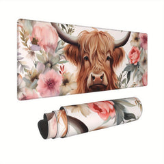 Pink Highland Cow Floral Large Mouse Pad Extended Desk Pad XL Keyboard Mat