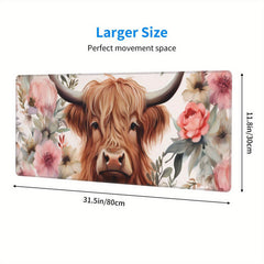 Pink Highland Cow Floral Large Mouse Pad Extended Desk Pad XL Keyboard Mat