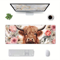 Pink Highland Cow Floral Large Mouse Pad Extended Desk Pad XL Keyboard Mat