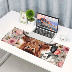 Pink Highland Cow Floral Large Mouse Pad Extended Desk Pad XL Keyboard Mat