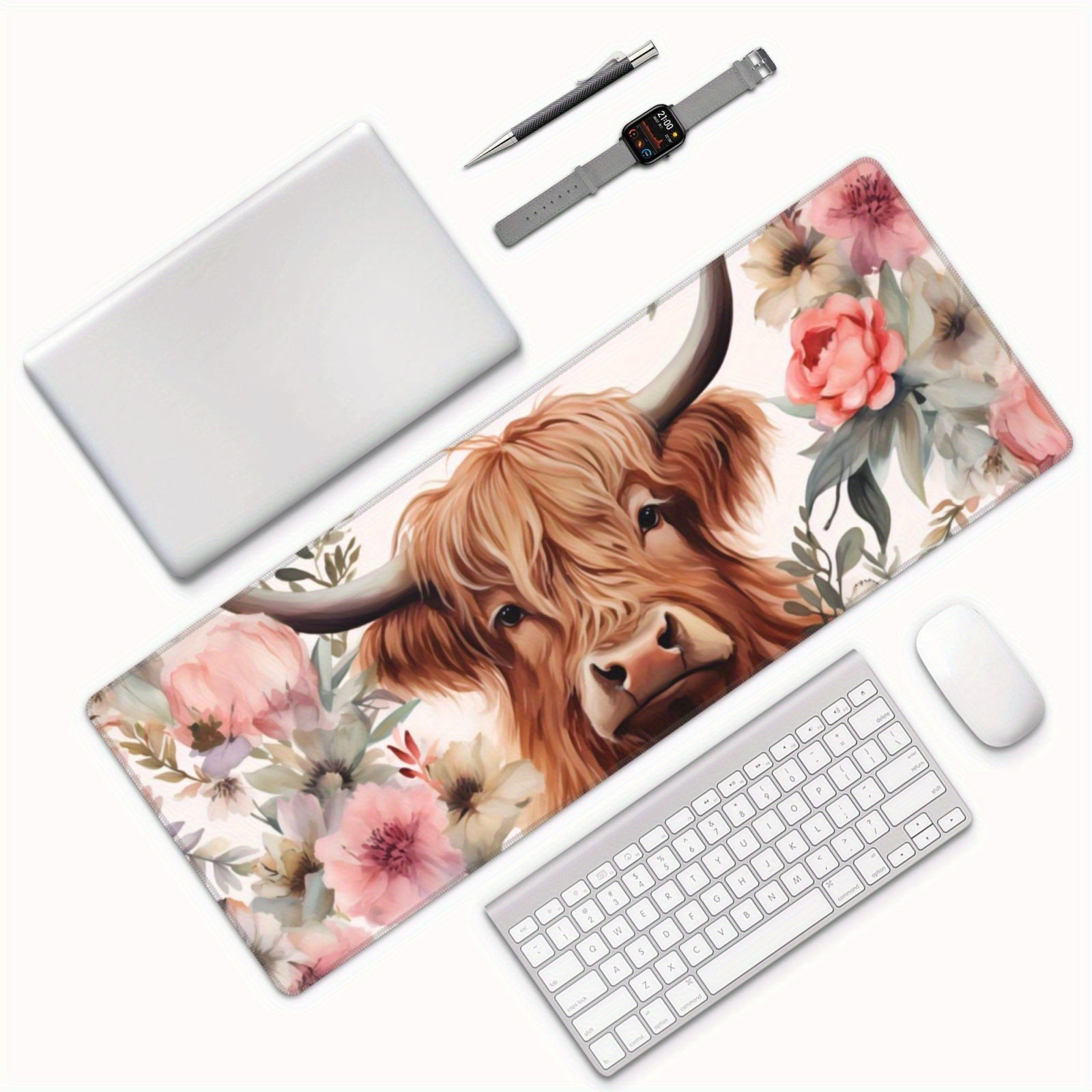 Pink Highland Cow Floral Large Mouse Pad Extended Desk Pad XL Keyboard Mat