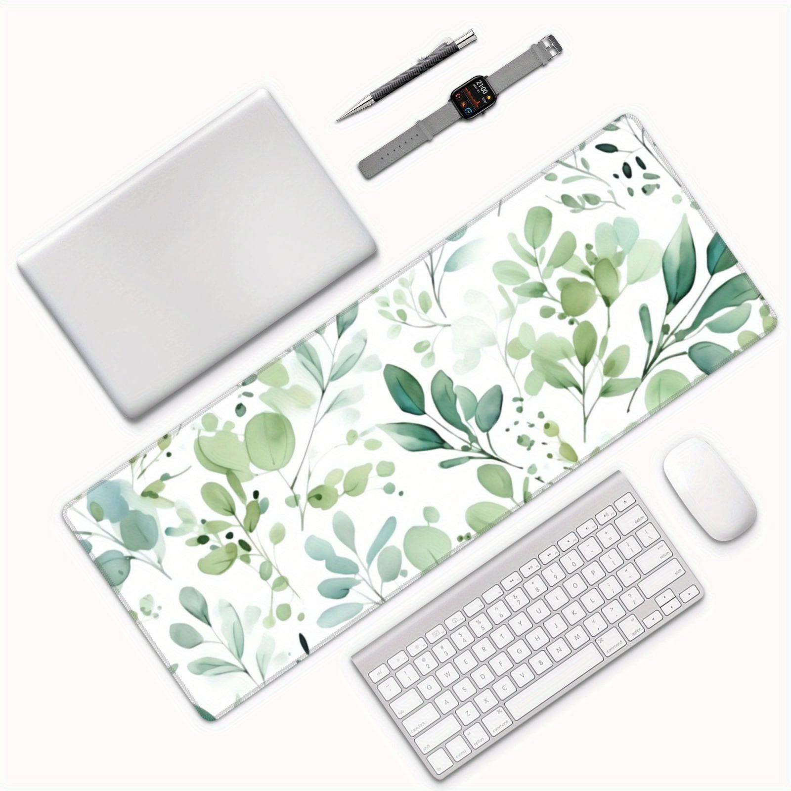 Eucalyptus Watercolor Leaves Desk Pad Protector Mouse Pad Mat Non Slip Rubber